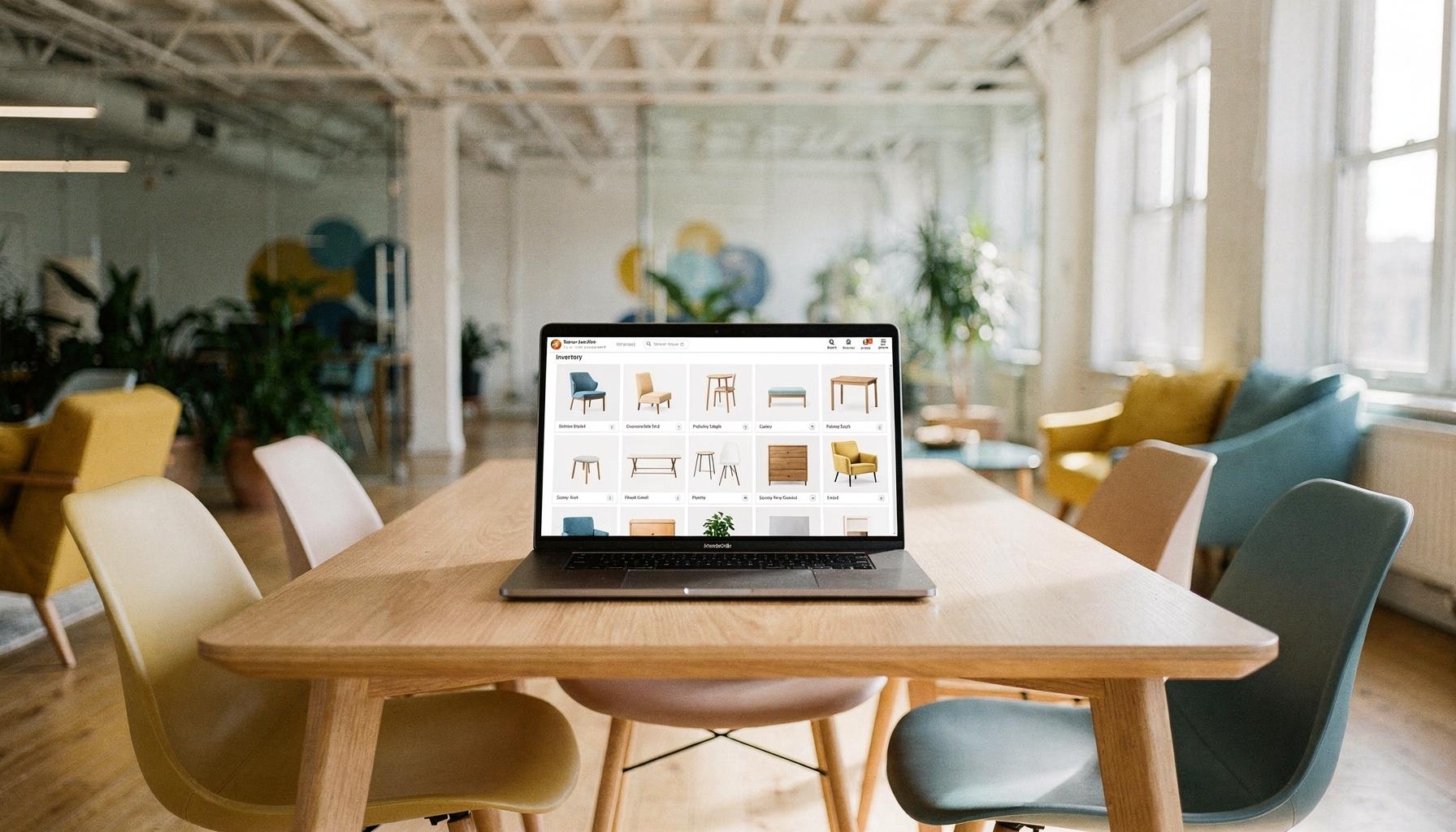 Hände arbeiten auf einem Tablet mit einer Möbel-Inventar-App.
