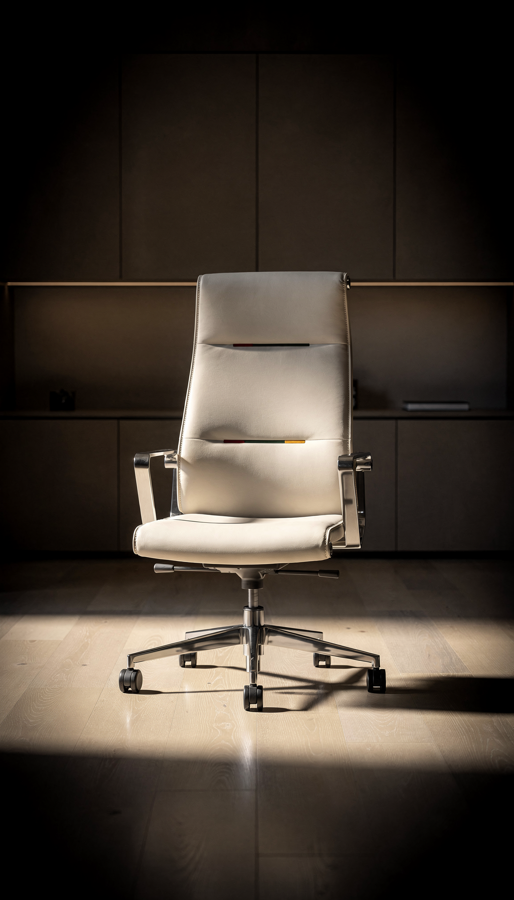 Heller Premium-Bürostuhl im Spotlight vor dunklem Hintergrund.