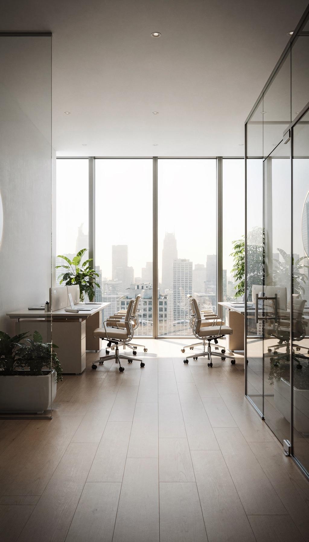 Heller Büroflur mit Arbeitsplätzen und Blick auf die Skyline durch die Fensterfront.