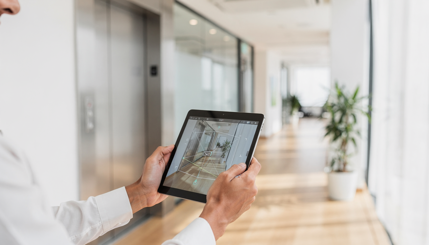 Person erfasst Bürobestand digital auf einem Tablet