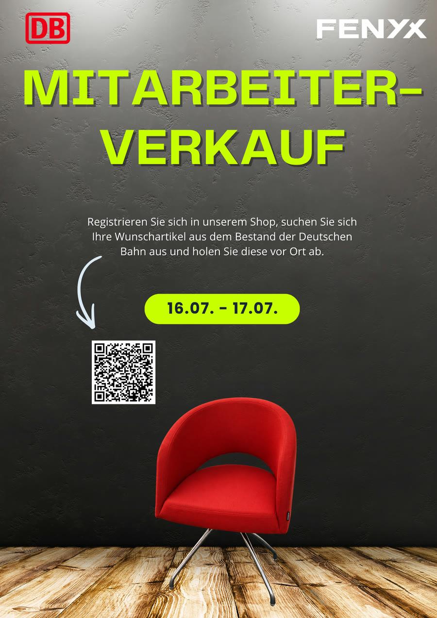 Plakat Mitarbeiterverkauf Deutsche Bahn × Fenyx, 16.–17. Juli, mit rotem Stuhl.