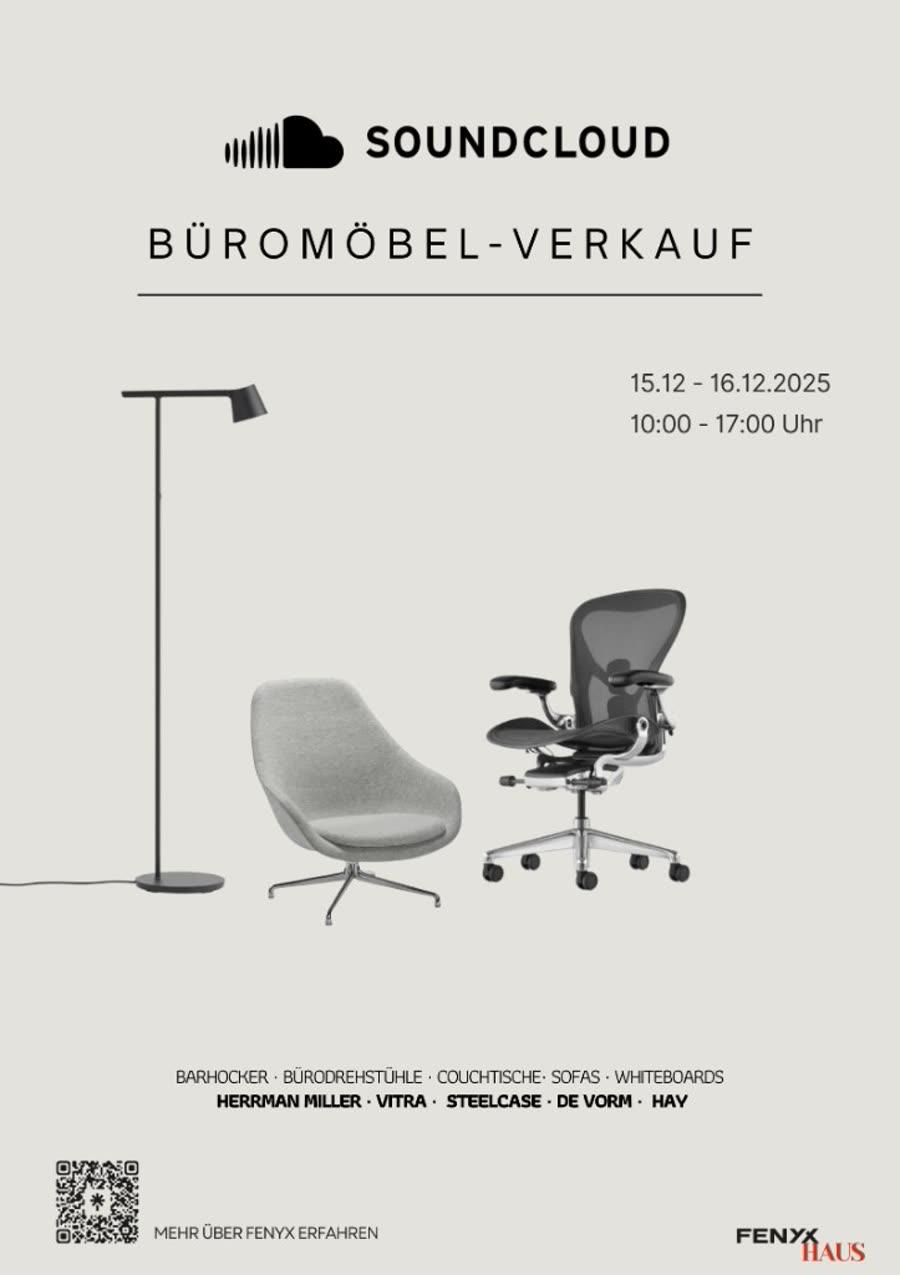 Plakat Büromöbel-Verkauf SoundCloud × Fenyx, 15.–16. Dezember 2025.
